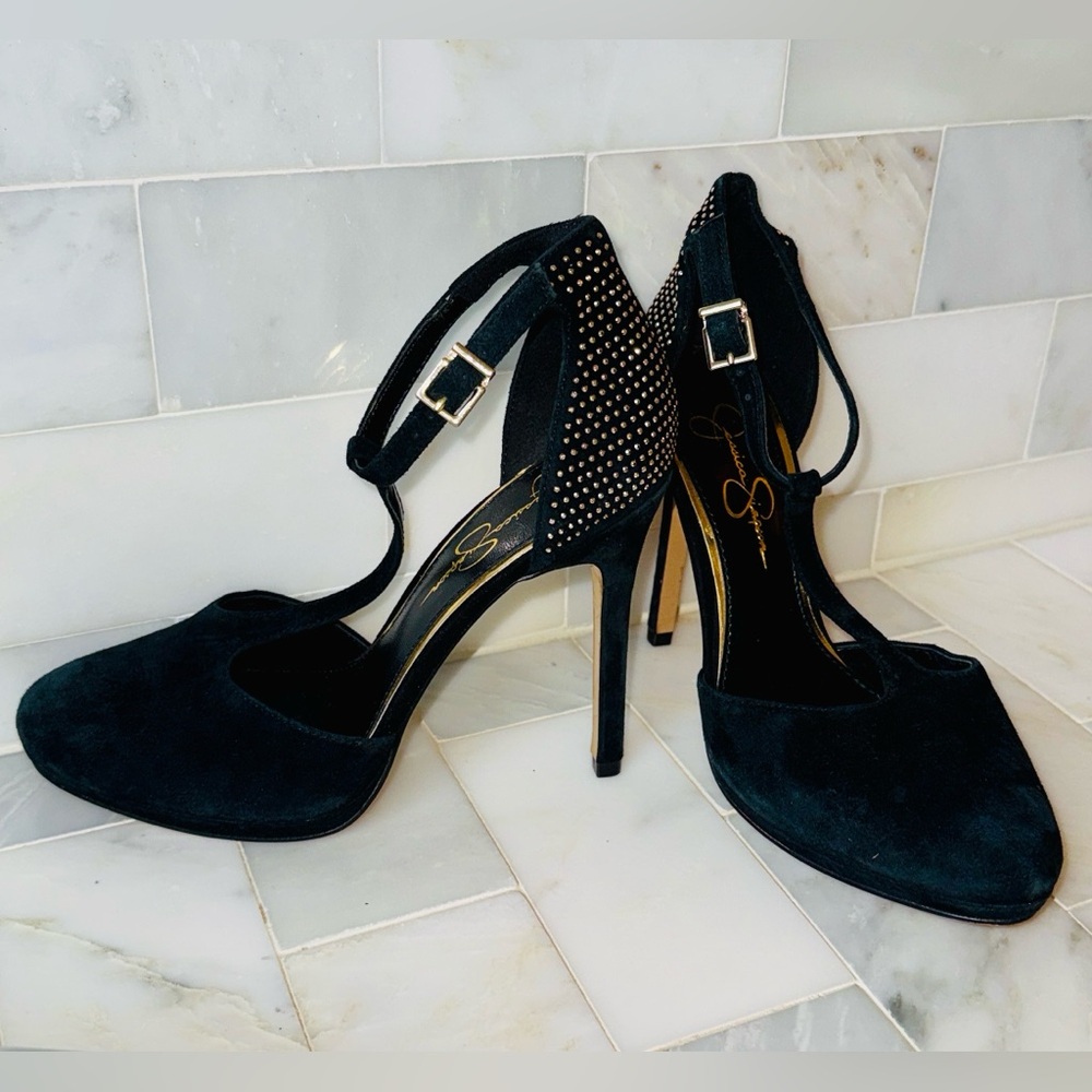Jessica Simpson Suede T-Strap Rhinestone Heels w/ Round Closed Toe -Sz 7 1/2 NEW